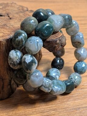2 Moss Agate Freeform Crystal Bracelets